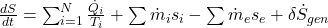 \frac{dS}{dt} = \sum_{i=1}^{N} \frac{\dot{Q}_i}{T_i} + \sum \dot{m}_i s_i - \sum \dot{m}_e s_e + \delta \dot{S}_{gen}