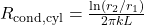 R_{\text{cond,cyl}} = \frac{\ln(r_2/r_1)}{2 \pi k L}