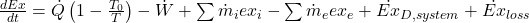 \frac{dEx}{dt} = \dot{Q}\left(1 - \frac{T_0}{T}\right) - \dot{W} + \sum \dot{m}_i ex_i - \sum \dot{m}_e ex_e + \dot{Ex}_{D,system} + \dot{Ex}_{loss}