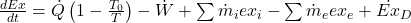 \frac{dEx}{dt} = \dot{Q}\left(1 - \frac{T_0}{T}\right) - \dot{W} + \sum \dot{m}_i  ex_i - \sum \dot{m}_e  ex_e + \dot{Ex}_D